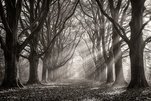 Monochrome Beech Tree Avenue with Sunbeams
