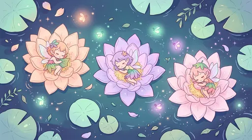 Chibi Fairies Sleeping in Lotus Flowers