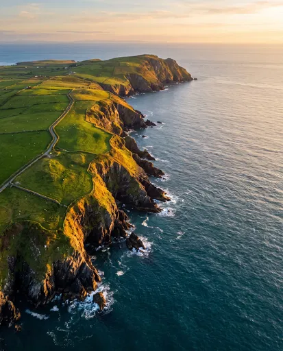 Golden Hour Aerial of Irish Coastal Cliffs