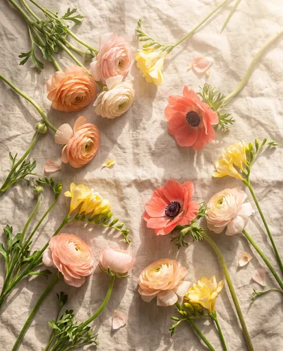 Spring Flowers Flat Lay on Linen