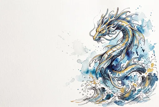 Watercolor Aquatic Dragon Leaping from Waves