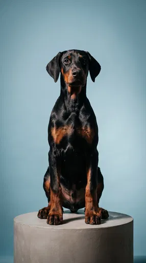 Doberman Puppy Sitting on Studio Pedestal