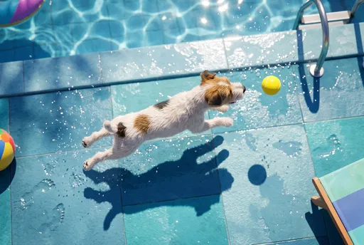 Terrier Leaping After Ball by Pool