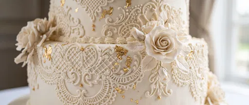 Ivory Cake With Gold Leaf and Roses