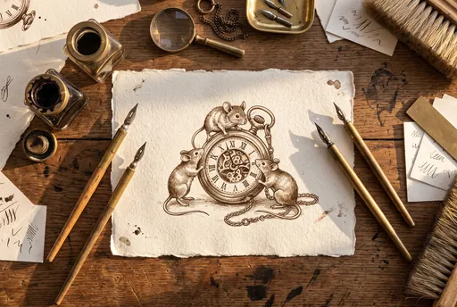 Sepia Ink Drawing of Mice and Watch