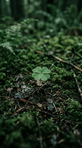 Four-Leaf Clover on Mossy Forest Floor