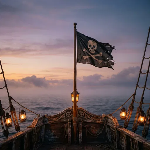 Pirate Flag on Ship Stern at Twilight
