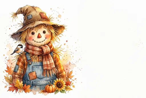 Watercolor Autumn Scarecrow with Copy Space