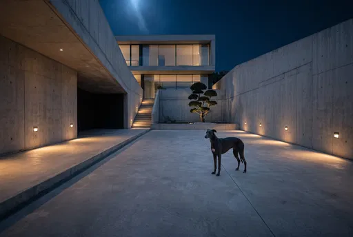 Greyhound in Modern Concrete Courtyard at Night