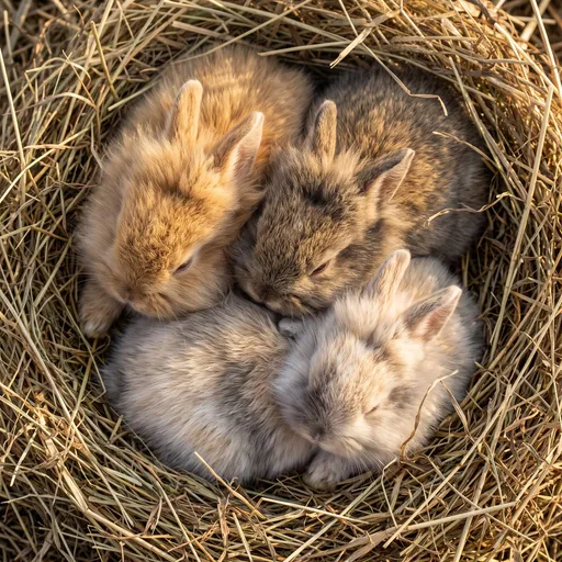 Three Fluffy Bunnies in Hay Nest