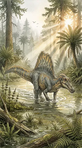 Watercolor Spinosaurus Wading in Prehistoric Marsh