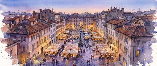 Watercolor Illustration of Campo de' Fiori at Dusk