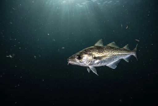 Alaska Pollock Swimming in Deep Ocean Water