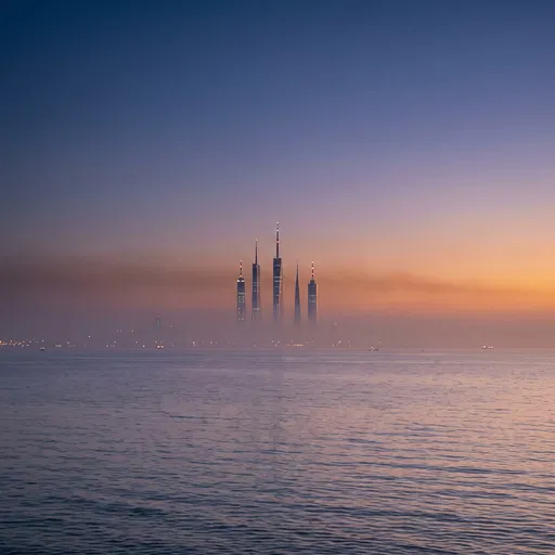 Distant Skyscrapers Across Calm Twilight Ocean