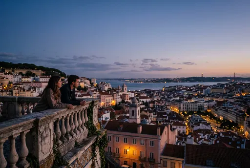 Couple Overlooking Lisbon at Blue Hour