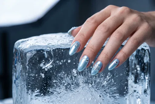Hand With Ice Blue Winter Manicure