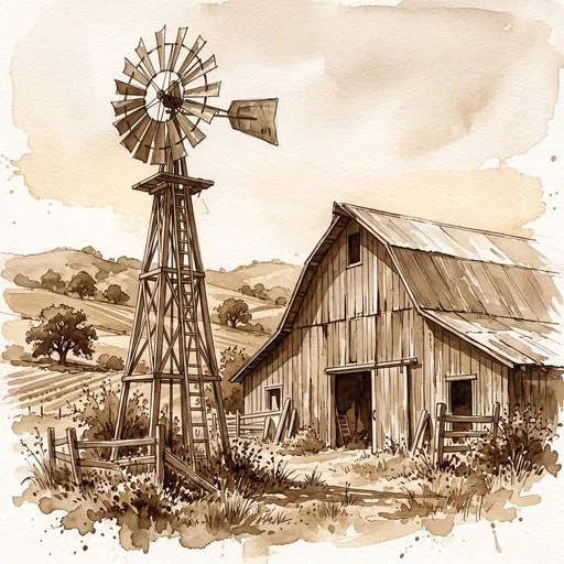 Sepia Watercolor Barn and Windmill Illustration