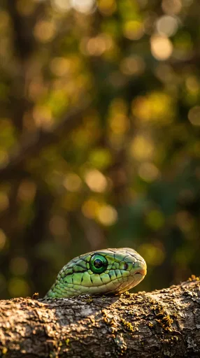 Green Boomslang Snake Peering Over Branch