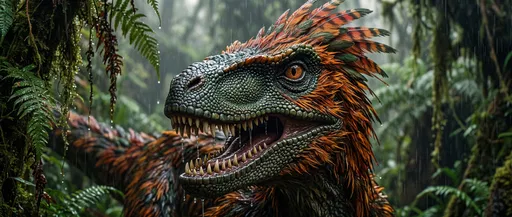 Feathered Raptor Dinosaur in Rainy Jungle