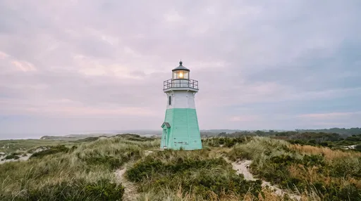 Mint Green Wooden Lighthouse on Coastal Dunes