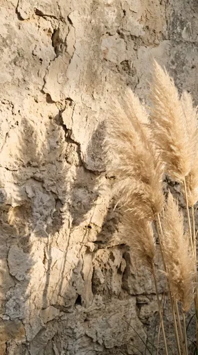 Pampas Grass Against Weathered Stone Wall