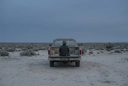 Lone Cowboy on Vintage Pickup in Desert