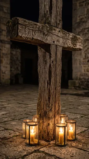 Weathered Wooden Cross with Candle Lanterns
