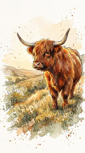 Watercolor Highland Cow on Sunlit Hillside