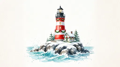 Watercolor Christmas Lighthouse on Snowy Island