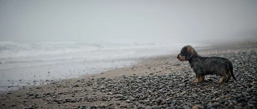 Wire-haired Dachshund Puppy on Misty Beach