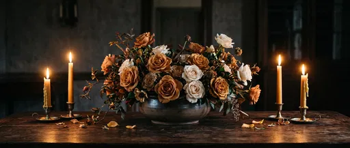 Bronze and Cream Roses with Candles