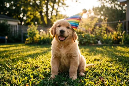 Golden Retriever Puppy in Party Hat
