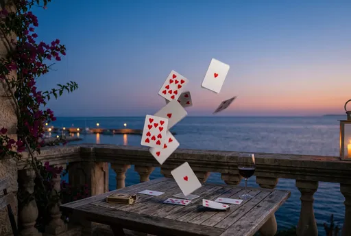 Playing Cards Floating Over Twilight Balcony