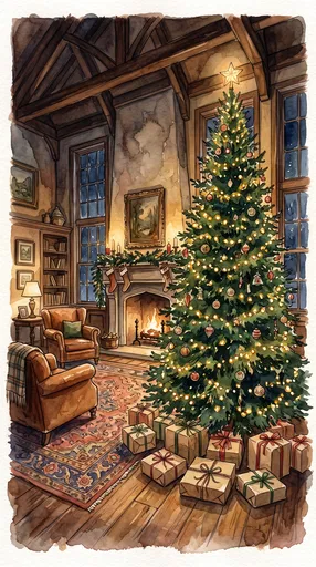 Watercolor Christmas Tree in Cozy Parlor