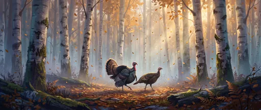 Wild Turkeys in Autumn Birch Forest