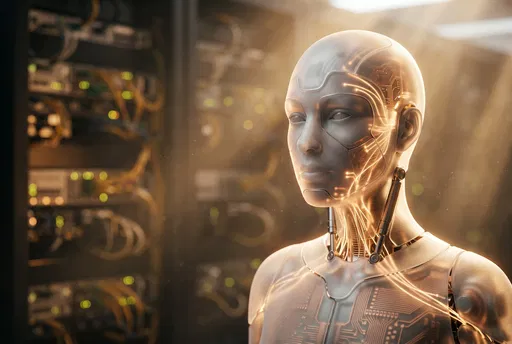 Glowing Cybernetic Humanoid in Server Room