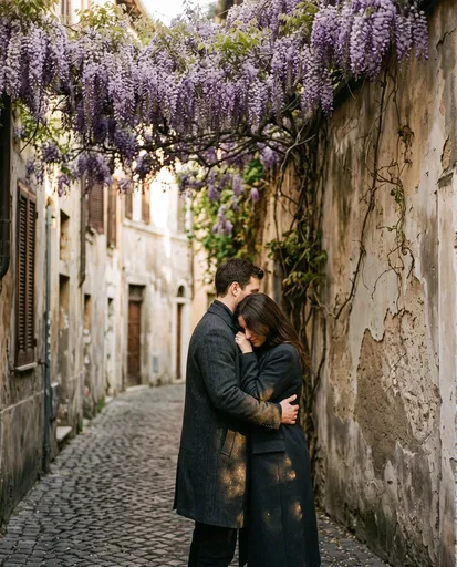 Couple Embracing Under Wisteria in Alley