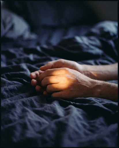 Hands in Sunlight on Dark Sheets