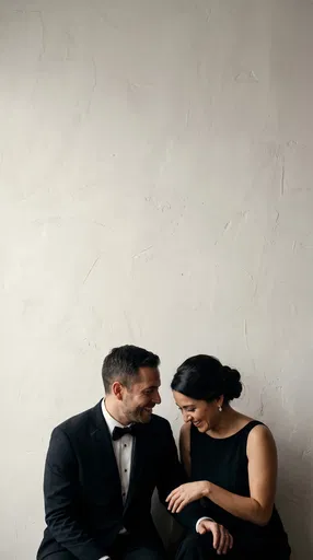 Elegant Couple Laughing Against Plaster Wall