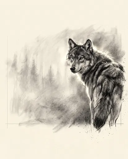 Charcoal Sketch of Wolf Looking Back