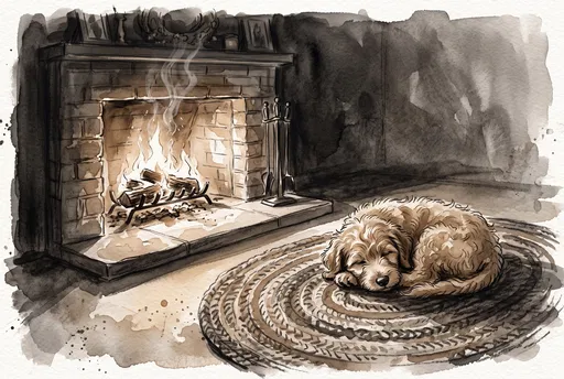 Watercolor Puppy Sleeping by Fireplace