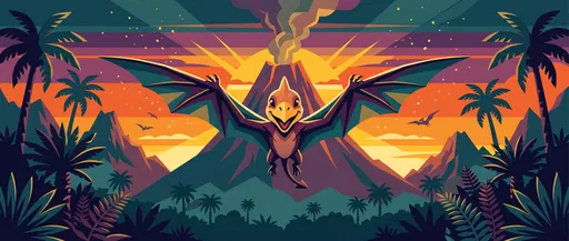 Cute Baby Pterodactyl Flying Over Volcano