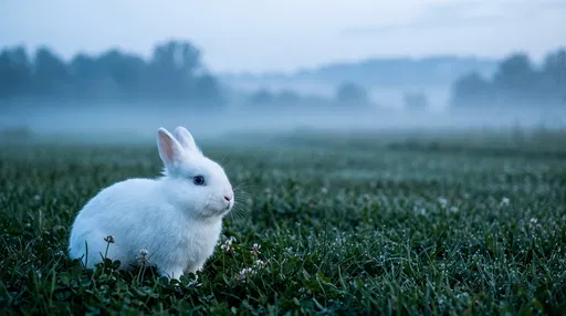 White Bunny on Misty Morning Meadow