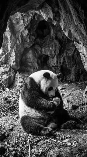 Mother Panda Cradling Newborn Cub in Cave