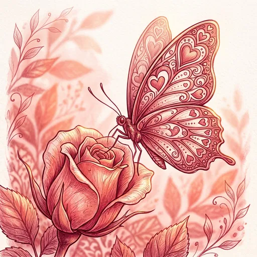 Heart-Winged Butterfly on Blooming Rose Illustration