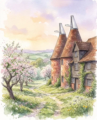 Watercolor Oast House in Spring Orchard