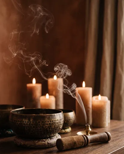 Singing Bowls With Incense and Candles
