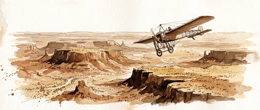 Sepia Drawing of Vintage Monoplane Over Desert