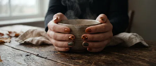 Hands With Autumn Manicure Holding Steaming Bowl