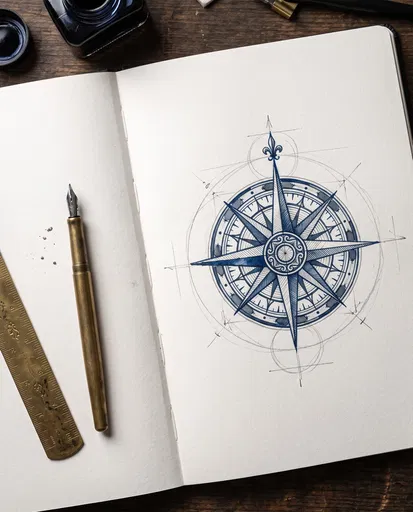 Nautical Compass Rose Drawing in Sketchbook